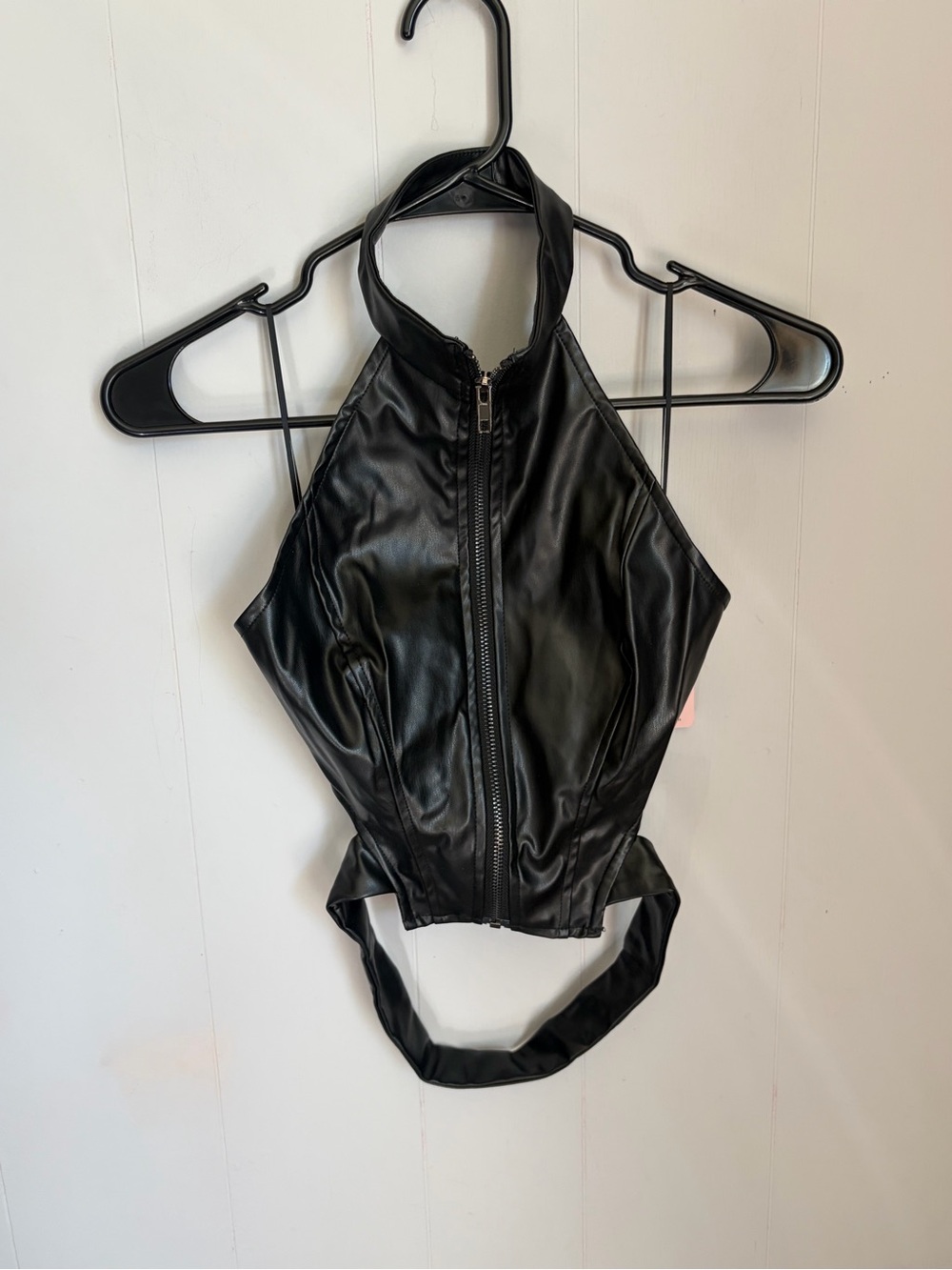 Black Faux Leather Halter Crop Top with Front Zip